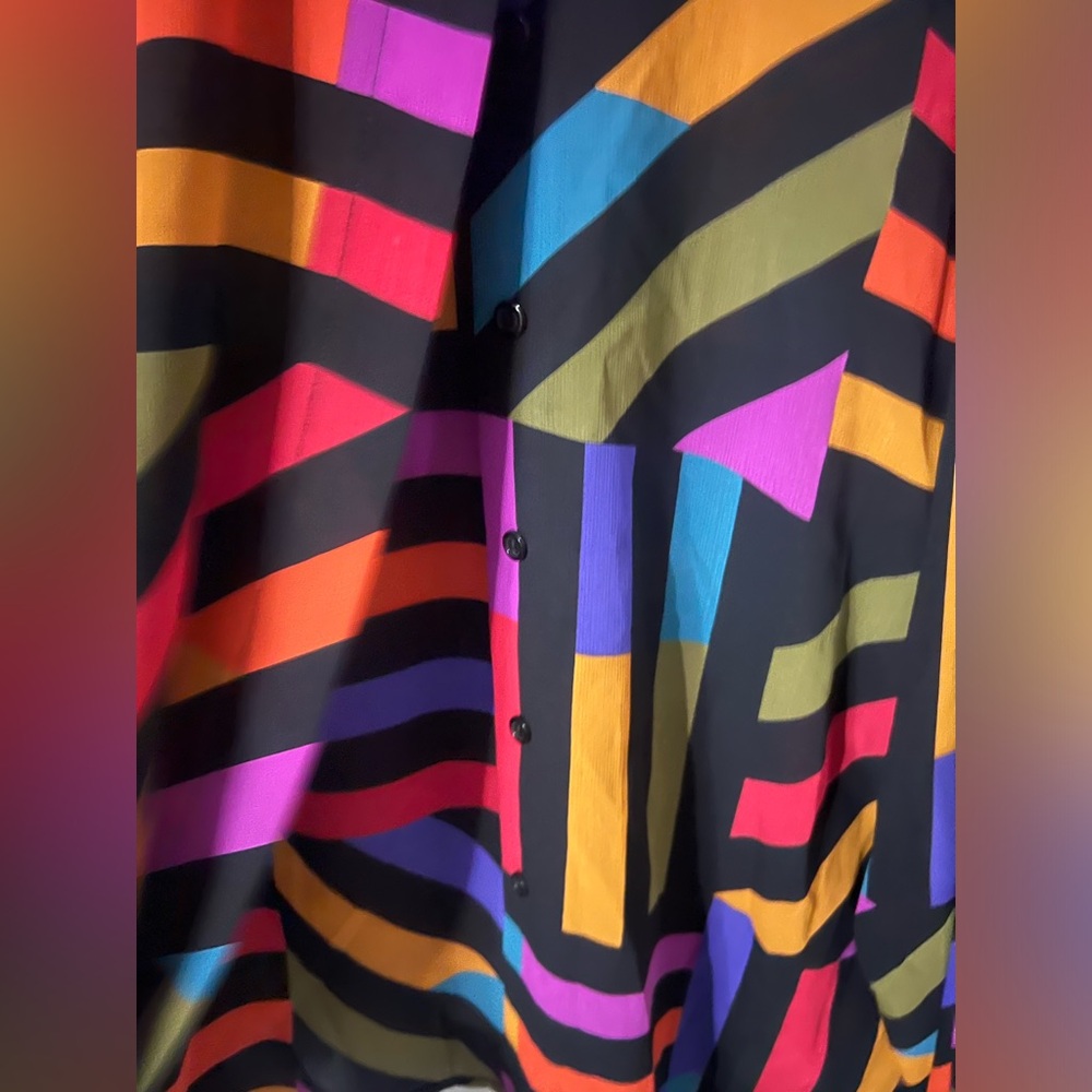 Vintage 80s Mary West French Multicolor Striped Women's Button Down Silky Blouse - Picture 5 of 7